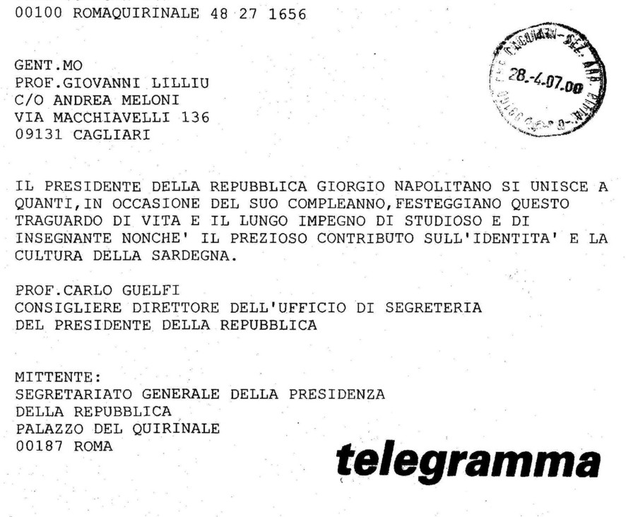  - Telegramma Presidente Napolitano
